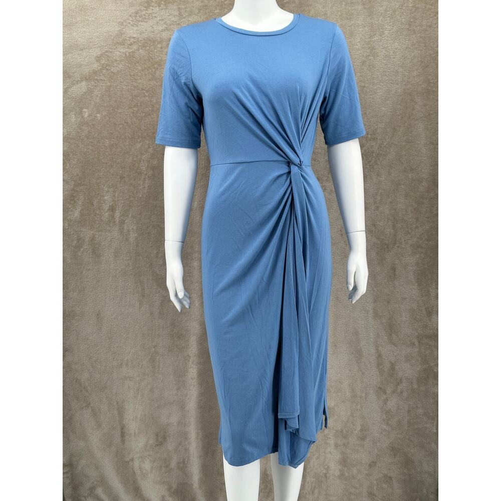 Betabrand Dress Womens Medium Blue Quiet Harbor Twist Knot Jersey Sheath Office
